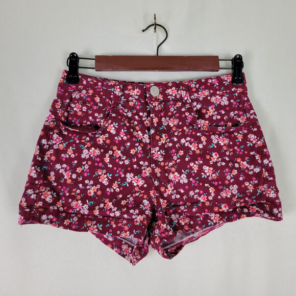 SO Shorts Juniors 7 Multicolor Mid Rise Womens Colorful Floral Pockets Maroon - Picture 1 of 14